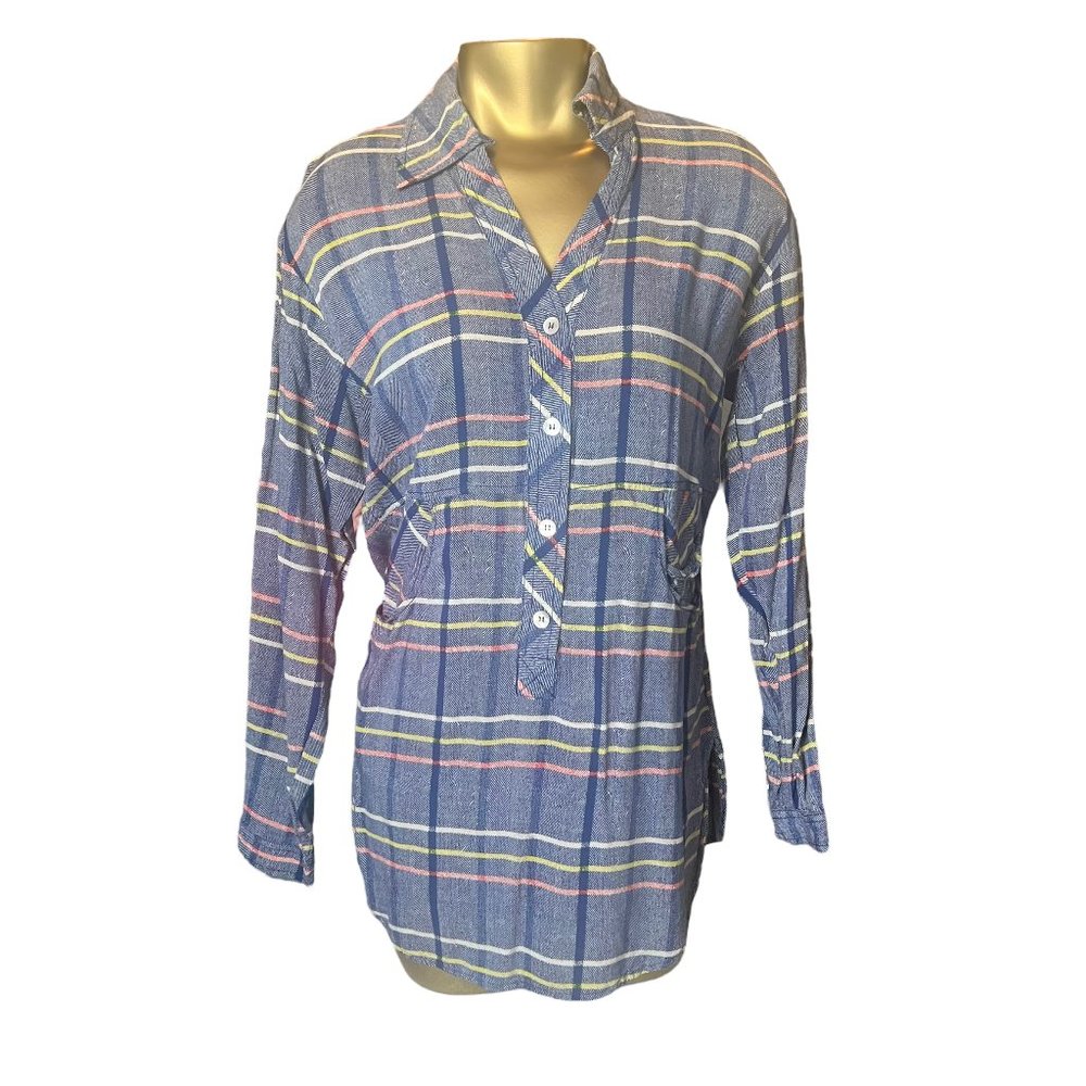 Plenty by Tracy Reese Long Blue Plaid Blouse with Pockets, Size Small